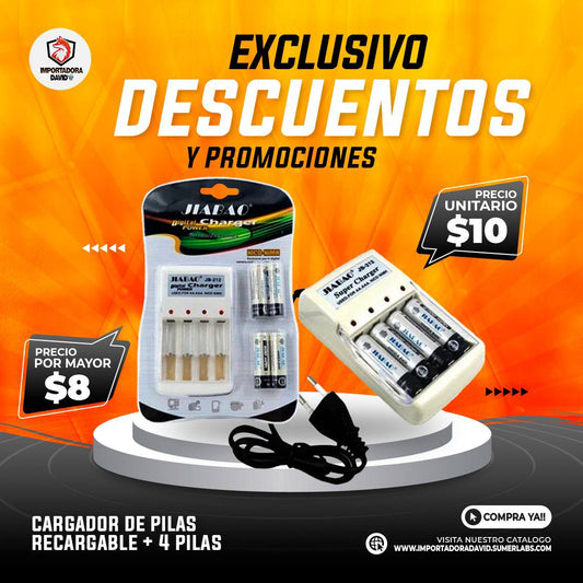 Cargador de Pilas Recargable + 4 Pilas