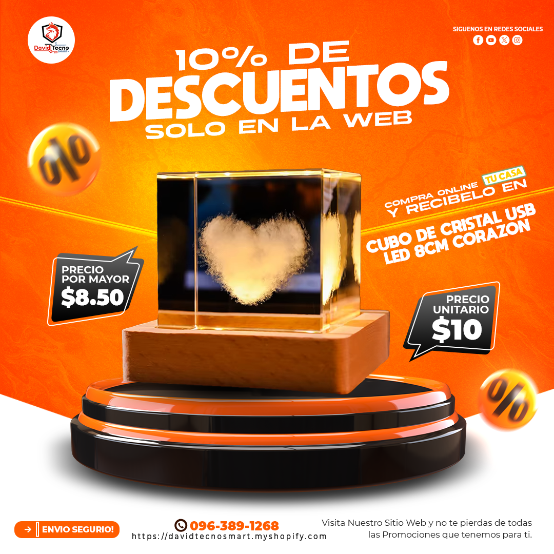 Cubo de Cristal USB Led 8CM Corazon