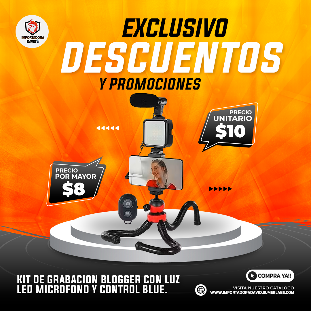 Kit de Grabacion Blogger con Luz Led Microfono y Control Bluetooth