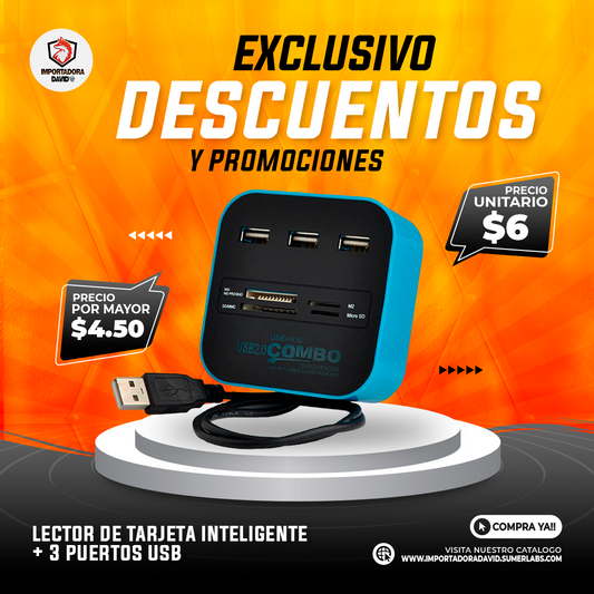 Adaptador Lector Combo de Tarjeta Inteligente mas 3 Puertos USB
