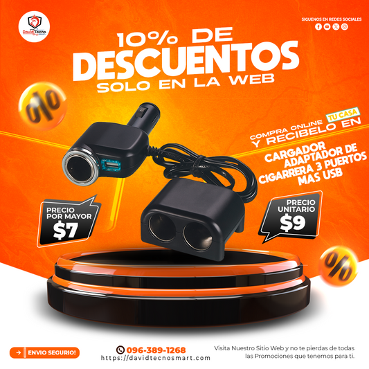 Cargador Adaptador de Cigarrera para Auto 3 Puertos más USB