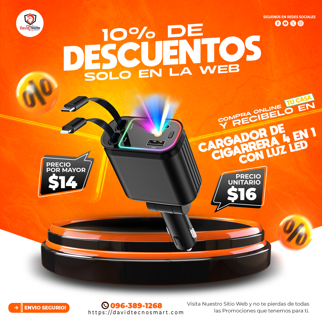 Cargador de Cigarrera 4 en 1 con Luz Led