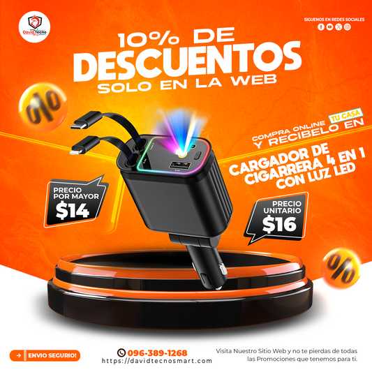 Cargador de Cigarrera 4 en 1 con Luz Led