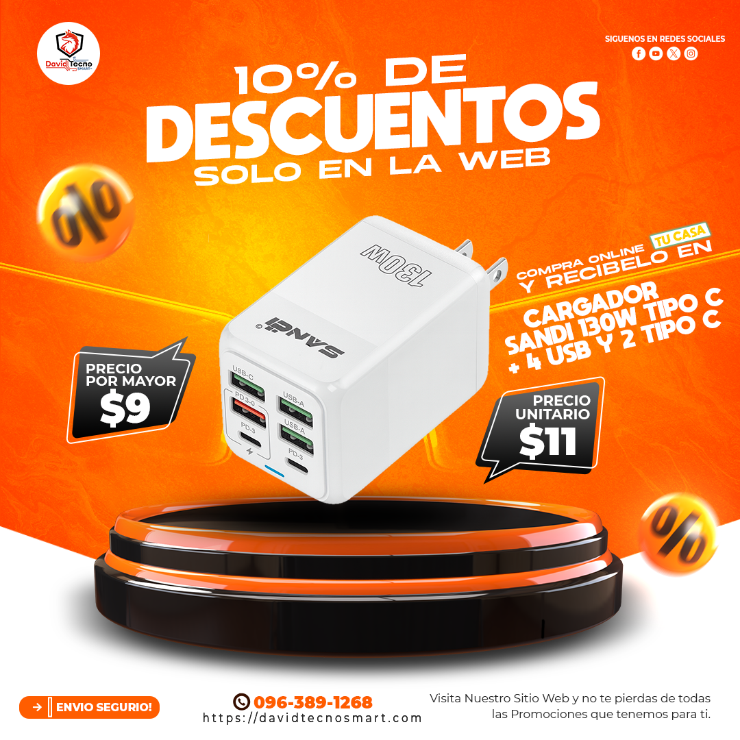 Cargador Sandi Original 130W Tipo C + 4 USB y 2 Tipo C