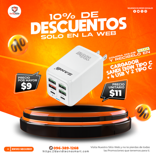 Cargador Sandi Original 130W Tipo C + 4 USB y 2 Tipo C