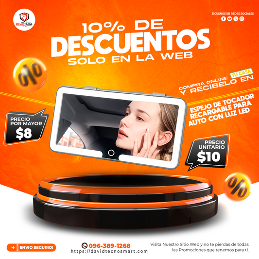Espejo de Tocador Recargable para Auto con Luz Led