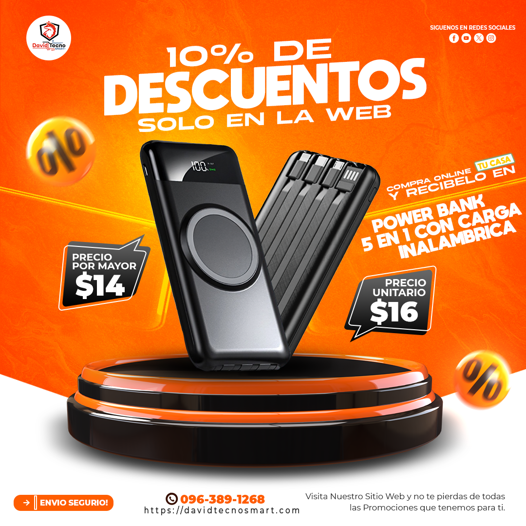 Power Bank 5 en 1 Marca Okop con Carga Inalámbrica