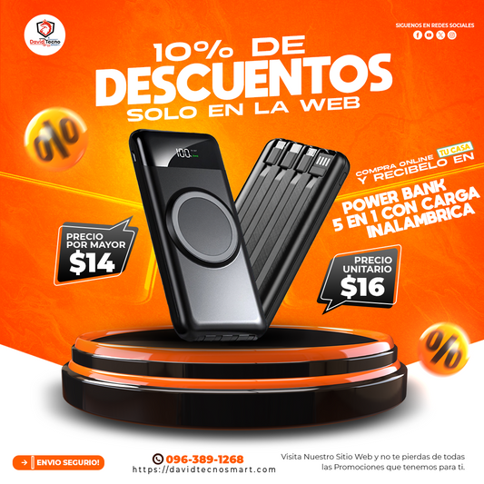 Power Bank 5 en 1 Marca Okop con Carga Inalámbrica